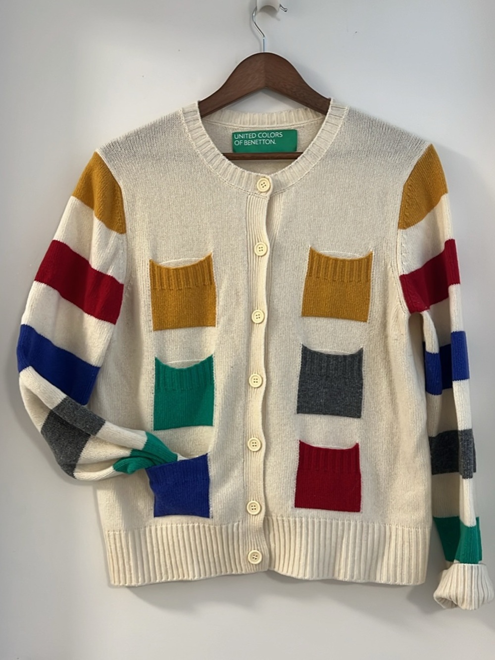 United Colors Of Benetton Cream Cardigan with Multi-Color Pocket Accents